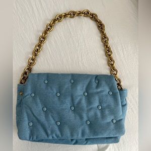 Denim Quilted Shoulder Bag with Gold Chain Handle